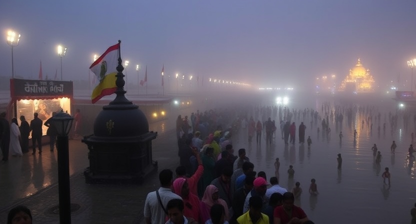 প্রয়াগরাজে মহাকুম্ভ ২০২৫-এর প্রস্তুতির দৃশ্য, সাধুরা এগিয়ে চলেছেন সঙ্গমে পবিত্র স্নানের জন্য।